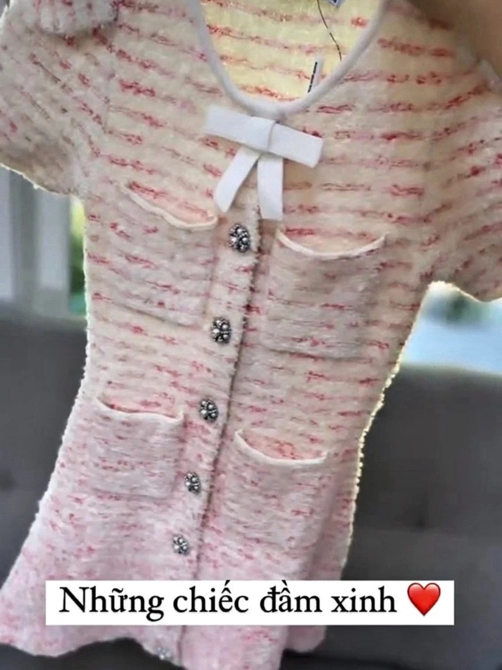 Self-Portrait Embellished Bow-Detailed Bouclé-Tweed Mini Dress Pink & White